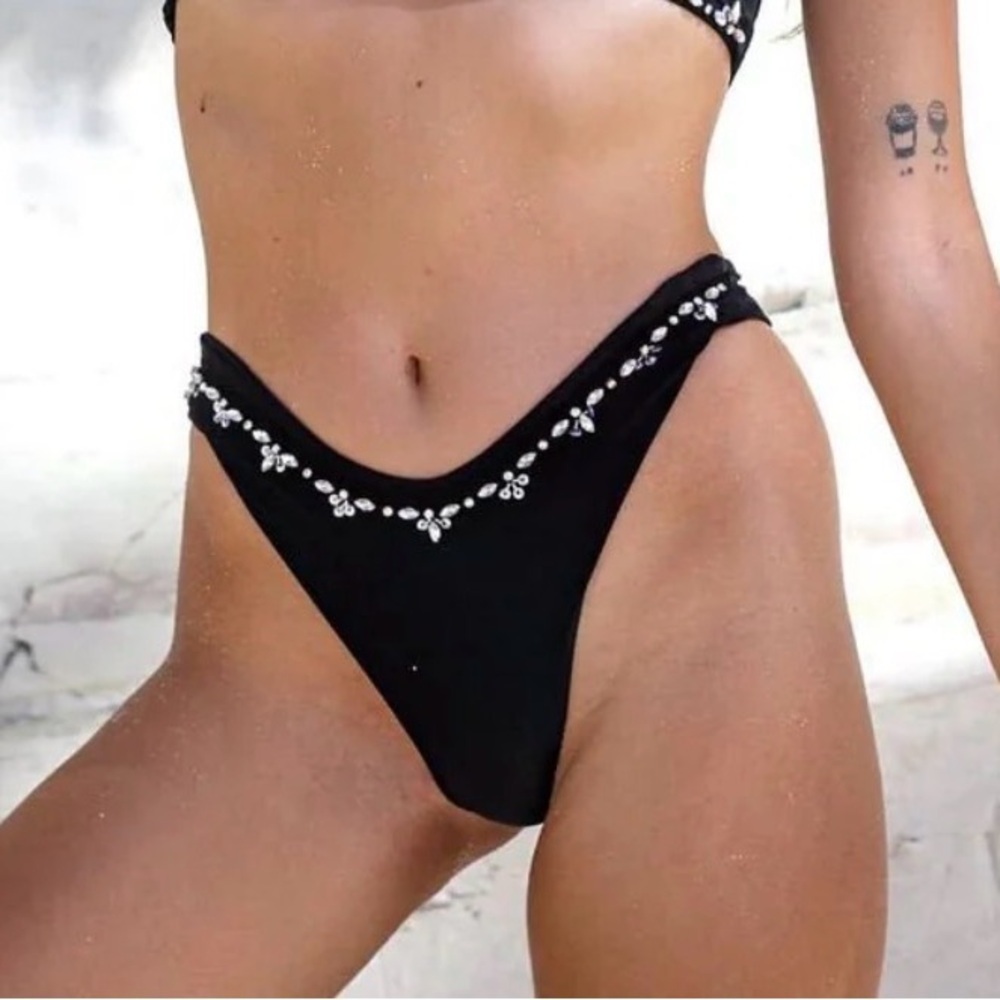 Oceanus Swimwear XS Aaliyah Hand Embroidered Black Bikini Bottom Beaded Crystals